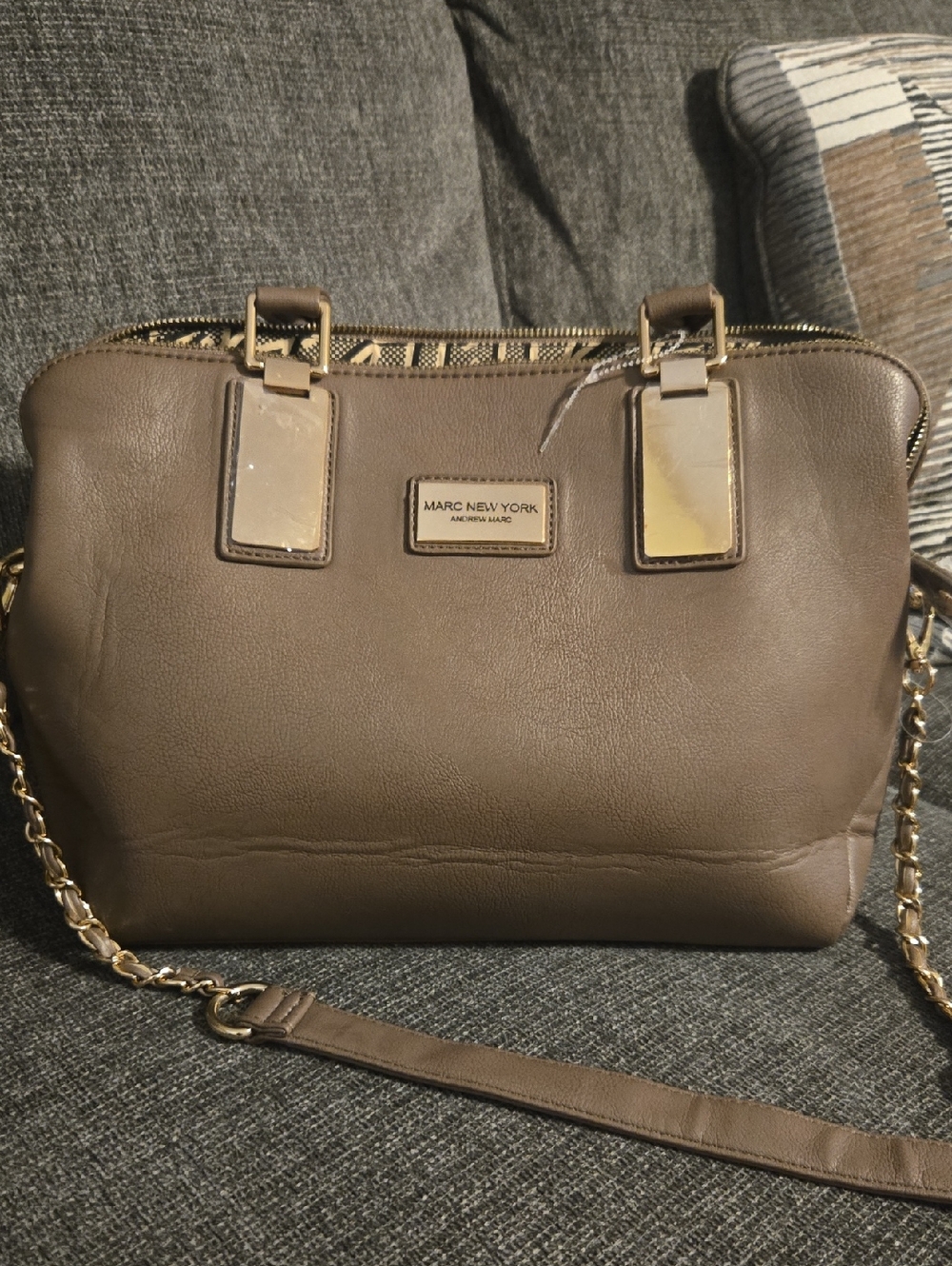 Marc New York Andrew Marc Taupe Leather Shoulder Bag with Gold Hardware